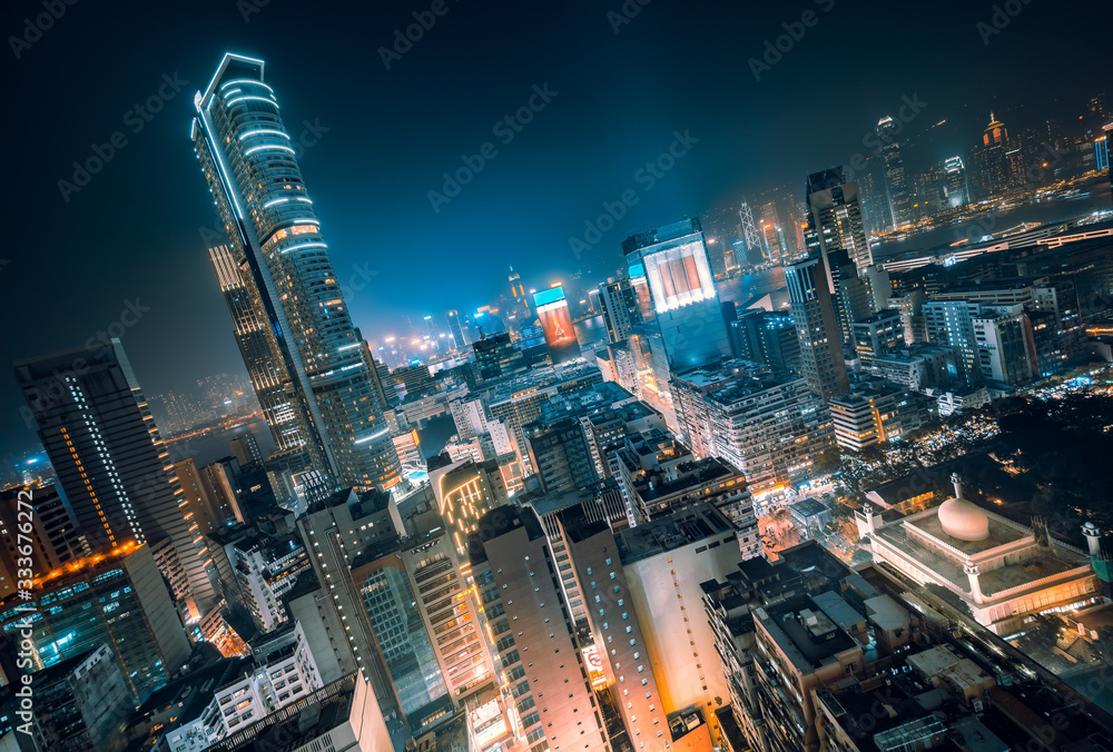 Rooftops of Futuristic Skyscrapers at Night, Hong Kong - obrazy, fototapety, plakaty 
