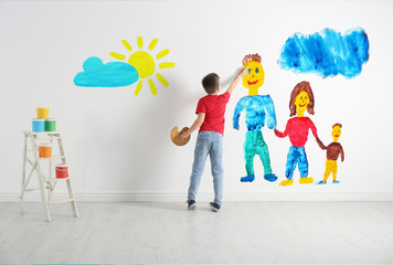 Poster - Little boy drawing on white wall indoors, back view