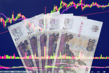 Russian rubles against the background of the exchange's trading schedule. Trading stocks, bonds, and securities on the stock exchange. Trader in Russia with the ruble.