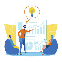 Cartoon Man Reporting at Business Meeting. Worker Having Idea for Increasing Financial Profit, Positive Feedback. Office People Conference and Brainstorming Process. Vector Flat Cartoon Illustration