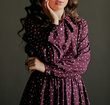 Purple Polka Dot Dress, Stylish Asian Girl Fashionable, Black Background, Close-up