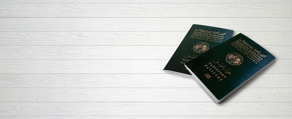 Algerian Passports on Wood Lines Bakcground Banner with Copy Space - 3D Illustration