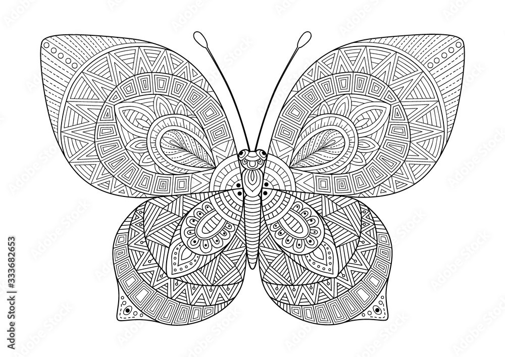 Vector black and white image of a butterfly on white background. Hand ...