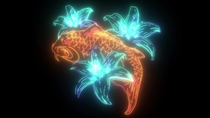 Sticker - digital animation of a carp and flower that lighting up on neon style