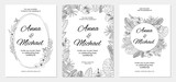 Fototapeta  - Wedding invitations, save the date cards set with tropical flowers. Line art botanical composition. Vector illustration.