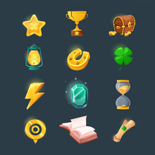 Set Of Various Items For Game User Interface Design. Cartoon Magic Items And Resources For A Fantasy Game. Gold Coins, Book, Candle, Gem, Chest, Clover.
