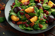 Vegan plums salad with cranberry, pumpkin seed, pecans nuts, spinach and mustard dressing
