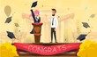 © Mykola - Young Smiling Female Student in Gown Giving Graduation Ceremony Speech on Stage. Mortarboard with Teacher, Rector Stand at Podium. Cartoon Hat with Tassel Flying. Vector Congratulation Illustration