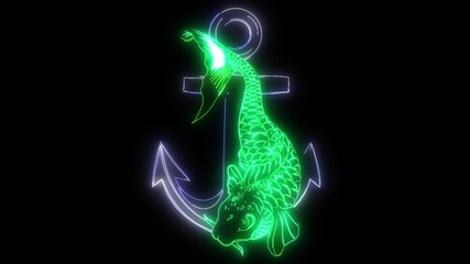 Wall Mural - digital animation of a fish and anchor that lighting up on neon style