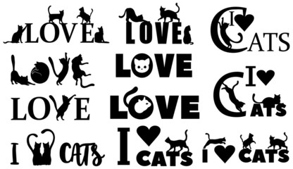 Wall Mural - Set of love inscriptions with cats. Collection of pets silhouettes with love inscription. Love for cats. Illustration for a greeting card. Lettering for home decor. Tattoos.