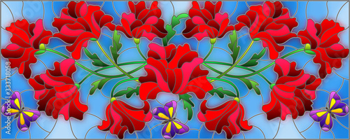 Dekoracja na wymiar  ilustracja-w-stylu-witrazu-z-kwiatami-liscmi-i-pakami-kwiatu-maku-na-niebiesko