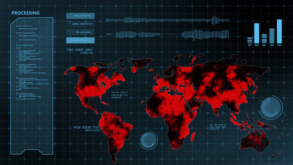 world map crisis virus spread pandemic warning sci-fi hud ui user interface futuristic laboratory mo
