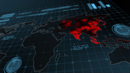 world map crisis virus spread pandemic warning sci-fi hud ui user interface futuristic laboratory mo