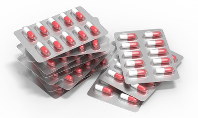 Wall Mural - Medicine concept. A lot of pills blisters. Stack of tablets. 3d render isolated on white