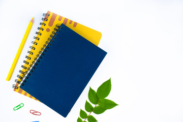 Sticker - Different colored paper clips,two diaries a yellow pencil and a green leaf before a paper background