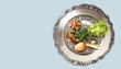 Pesach plate, on a dove-grey background, banner with a copyspace. Traditional Jewish seder on the occasion of Passover festival.