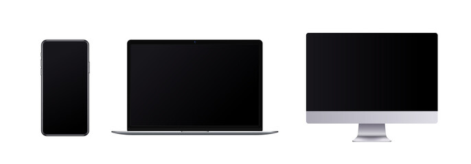 Frameless device set, realistic mobile phone, laptop and computer with blank screen in modern style. Front view for show responsive website design or ux ui app or presentate your product.