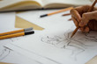 © David Ferencik - A top view flat lay of many figure drawing pencil and marker sketches. The artist worskspace with male and female drawings and pencils on the white paper, art, craft, creativity, inspiration, concepts