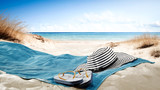 blue towel with hat and summer beach blue towel with hat and summer beach