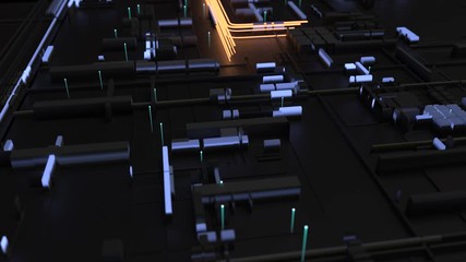 3d realistic energy particle trails flowing over motherboard 