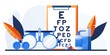 Ophthalmology concept. Ophthalmologist female doctor eyesight check up. Vison test medical concept with glasses, eye examination, eye drop, chart, lens with case. For banner, website design or landing