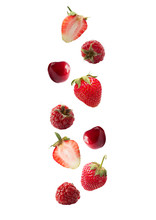 Isolated Fresh Berries Float In The Air. Falling Strawberry, Raspberry, Cherry Isolated On White Background With Clipping Path. Mixed Berries With A Copy Space For Text. Collage Of Whole Red Berries.