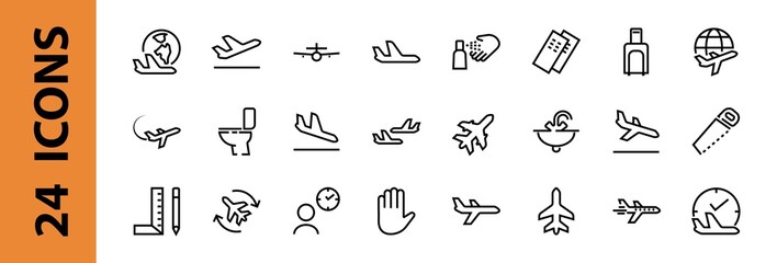 A simple set of airport related vector line icons. Contains badges such as departure, boarding, waiting time, boarding, find a place to travel tickets, and much more. Editable stroke. 48x48 pixels
