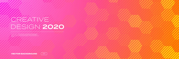 Poster - Color gradient background, geometric halftone pattern, vector abstract trendy graphic design. Honeycomb mosaic line pattern in orange and pink red halftone gradient background