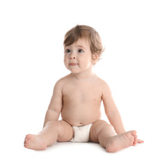 Poster - Cute little baby in diaper on white background