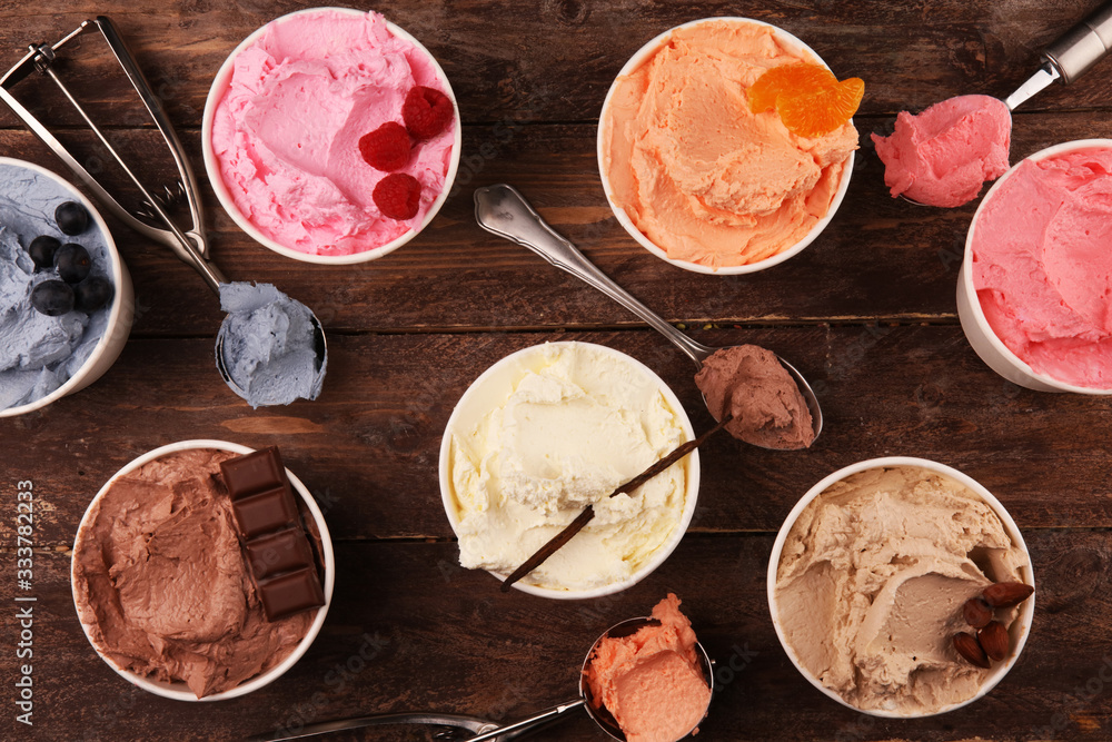 Various of ice cream flavor with fresh blueberry, strawberry, almond, chocolate, vanilla setup on rustic background . Summer and Sweet cold ice cream - obrazy, fototapety, plakaty 