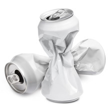 Two Crumpled Empty White Aluminium Cans, Isolated On White Background