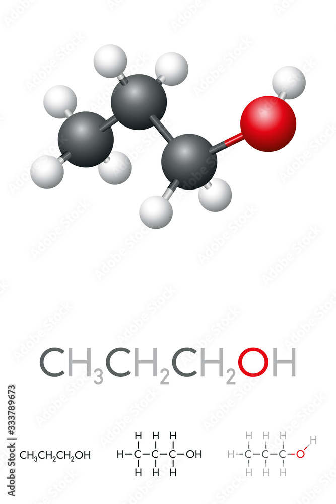 Propanol, CH3CH2CH2OH, n-propanol, molecule model and chemical formula ...