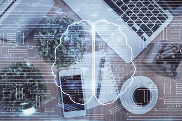 Multi exposure of brain drawing over work table desktop. Top view. Global data analysis concept.