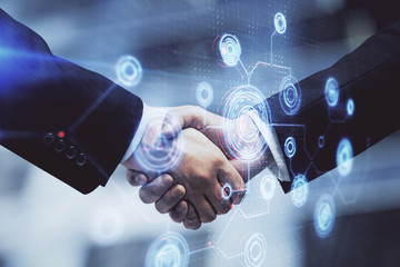 Fototapete - Double exposure of data theme hologram and handshake of two men. Partnership in IT industry concept.