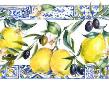 Watercolor Lemon, Olive Branches Ornament Seamless Border
