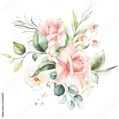 Dekoracja na wymiar  akwarela-bukiet-kwiatowy-ilustracja-z-jasnymi-rozowymi-zywymi-kwiatami-zielonymi-liscmi-for