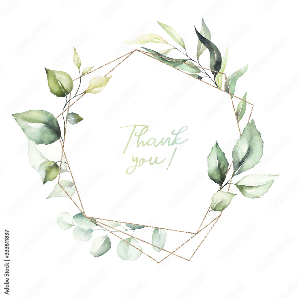 Watercolor floral illustration - leaf wreath / frame with gold ...