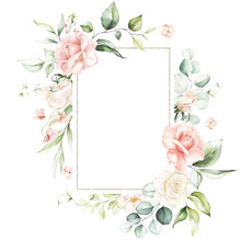 Watercolor Floral Frame / Wreath - Flowers, Leaves And Branches With Gold Geometric Shape, For Wedding Invites, Greetings, Wallpapers, Fashion, Background. Eucalyptus, Pink Roses, Green Leaves.