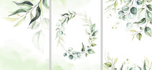 Watercolor Floral Illustration Set - Collection Of Green Wreath, Frame, Bouquet, For Wedding Stationary, Greetings, Wallpapers, Fashion, Posters, Background. Eucalyptus, Olive, Green Leaves, Etc.