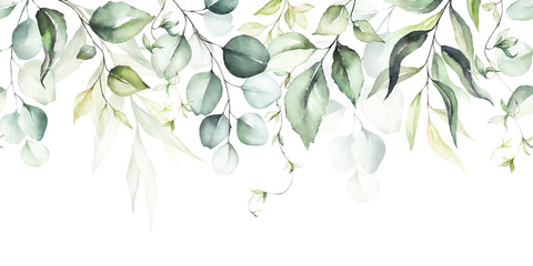 Wall Mural - Watercolor seamless border - illustration with green leaves and branches, for wedding stationary, greetings, wallpapers, fashion, backgrounds, textures, DIY, wrappers, cards.