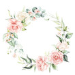 Watercolor floral wreath / frame with green leaves, pink peach blush flowers and branches, for wedding stationary, greetings, wallpapers, fashion, background. Eucalyptus, olive, green leaves, rose.