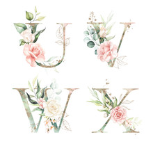 Gold Green Floral Alphabet Set Collection - Letters U, V, W, X With Peach Pink White Gold Botanic Flower Branch Bouquets Composition. Wedding Invitations, Baby Shower, Birthday, Other Concept Ideas.