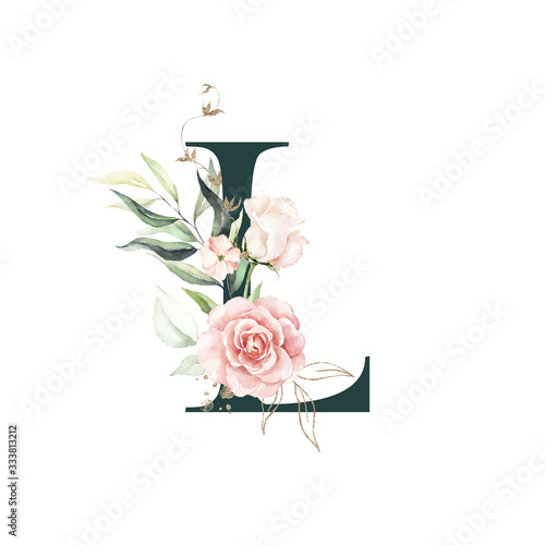 Download Dark Green Floral Alphabet Letter L With Peach Pink Gold Green Botanic Flower Branch Bouquet Composition Unique Collection For Wedding Invites Decoration Birthdays Other Concept Ideas Stock Illustration Adobe Stock