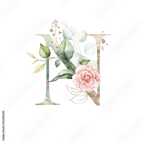 Download Gold Green Floral Alphabet Letter N With Peach Pink White Gold Green Botanic Flower Branch Bouquet Composition Unique Collection For Wedding Invites Decoration Birthdays Other Concept Ideas Stock Illustration
