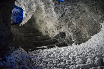 Interior of a salt mine, chamber covered in salt formations