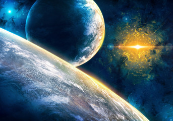 Wall Mural - unique 3d render illustration of a planet with atmosphere and moon