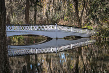 White Bridge Reflected In The Water Of A Swamp Surrounded By Trees Covered In Spanish Moss.