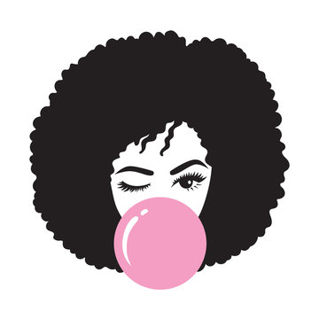 Fototapete - Black woman with afro hair blowing bubble gum vector illustration