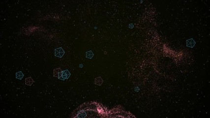 Wall Mural - abstract 3d visualization of a geometric low-poly shapes floating over black background with golden 