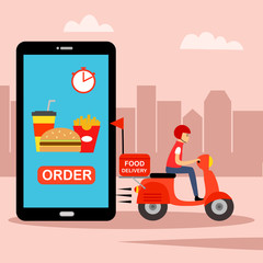 Online food order and food delivery service concept vector illustration. Uber eat, grab food, fast food in flat design for landing page, web, mobile app, poster, flyer.